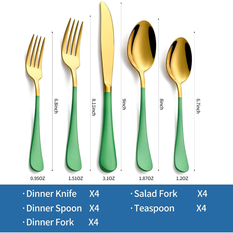 20-Pieces Gold Stainless Steel Green Handle Flatware Set