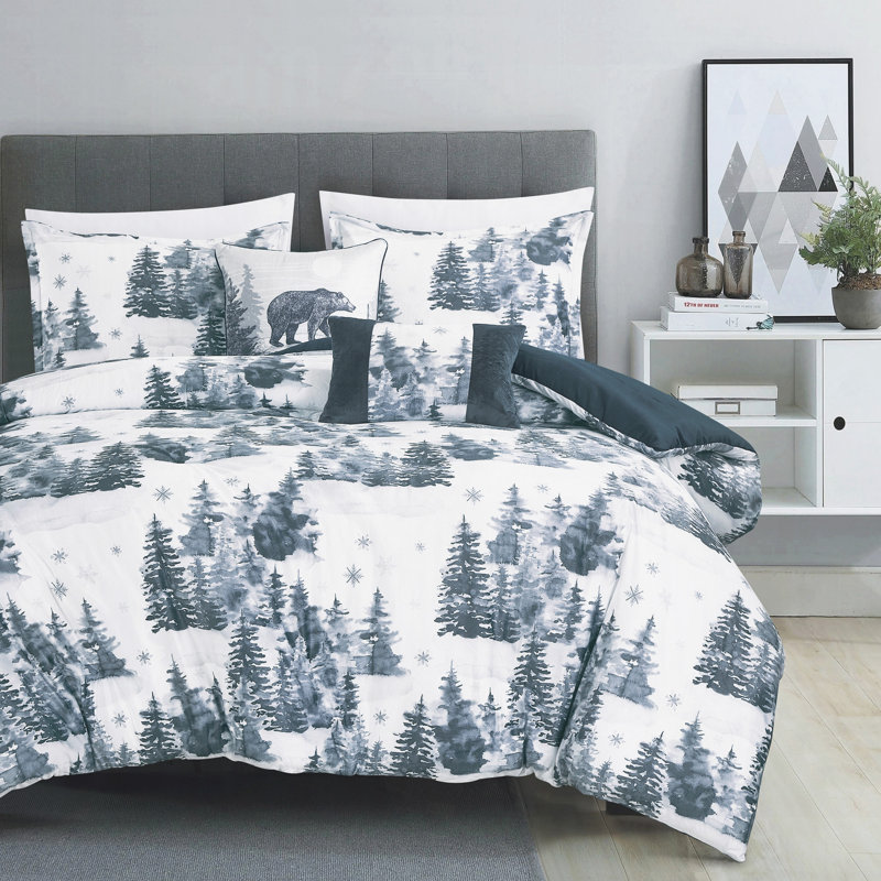 Ensemble d'édredon en velours 5 pièces, ensembles de literie à imprimé ours de forêt d'hiver, grand