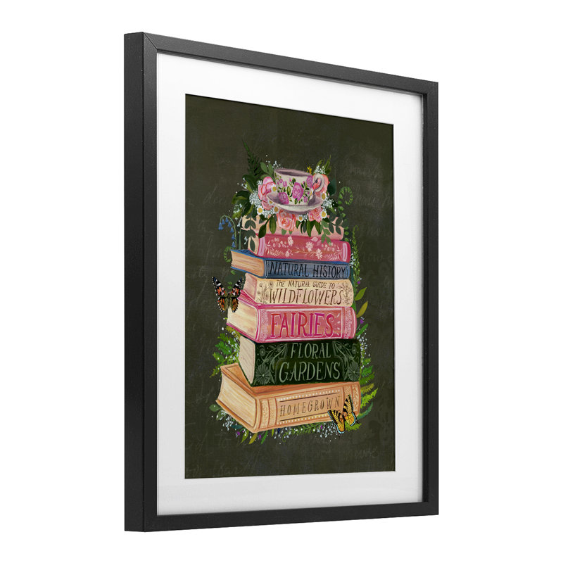 «Floral Fairy Book Stack», reproduction encadrée sous verre, design par Glad You Here Co., Cadre noir minuit