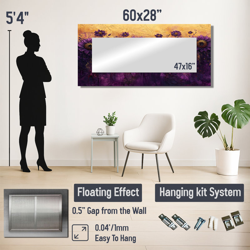 Champ de tournesols lilas foncé - Art mural miroir floral - imprimé sur métal, 28" x 60"