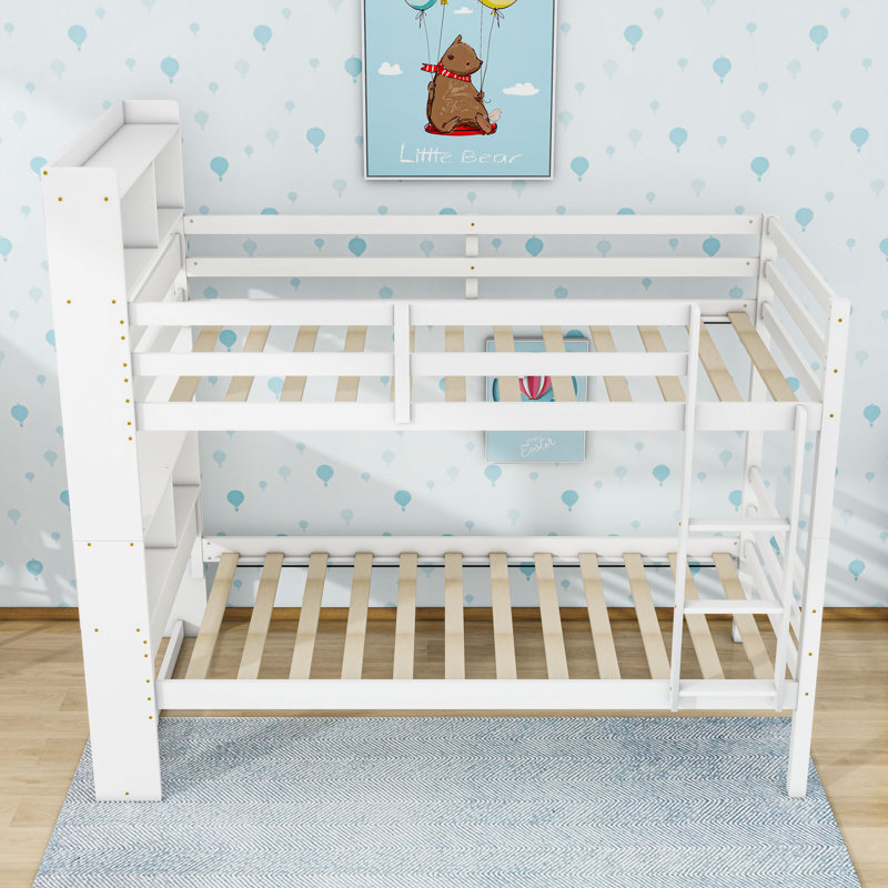 Twin Over Twin Wood Bunk Bed With Shelves, White
