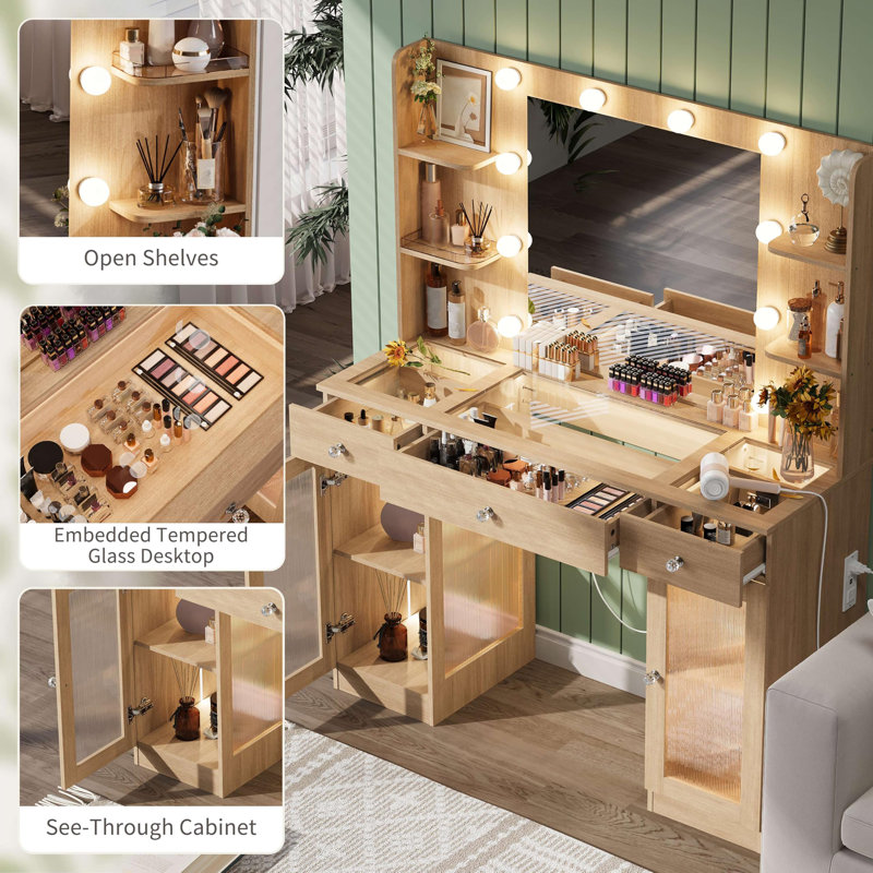 Makeup Vanity with Glass Top, White Vanity Desk with Mirror and Lights, Big Vanity with Drawers & Cabinets for Bedroom, Cute Vanity with Crystal Knobs & Power Outlet for Women