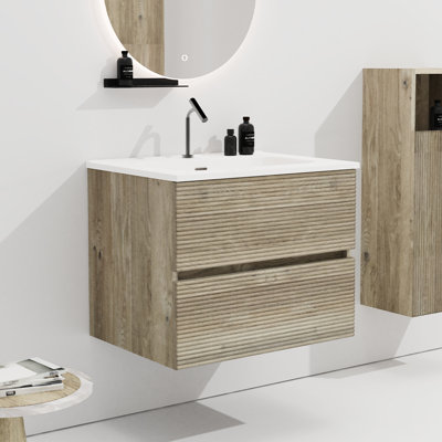 Meuble-lavabo moderne en chêne brut de 24 po avec évier en céramique à débordement, tiroirs à fermeture silencieuse et silencieuse, 20% de rangement supplémentaire, poignée minimaliste, rangement mural pour planches de catégorie E1, et