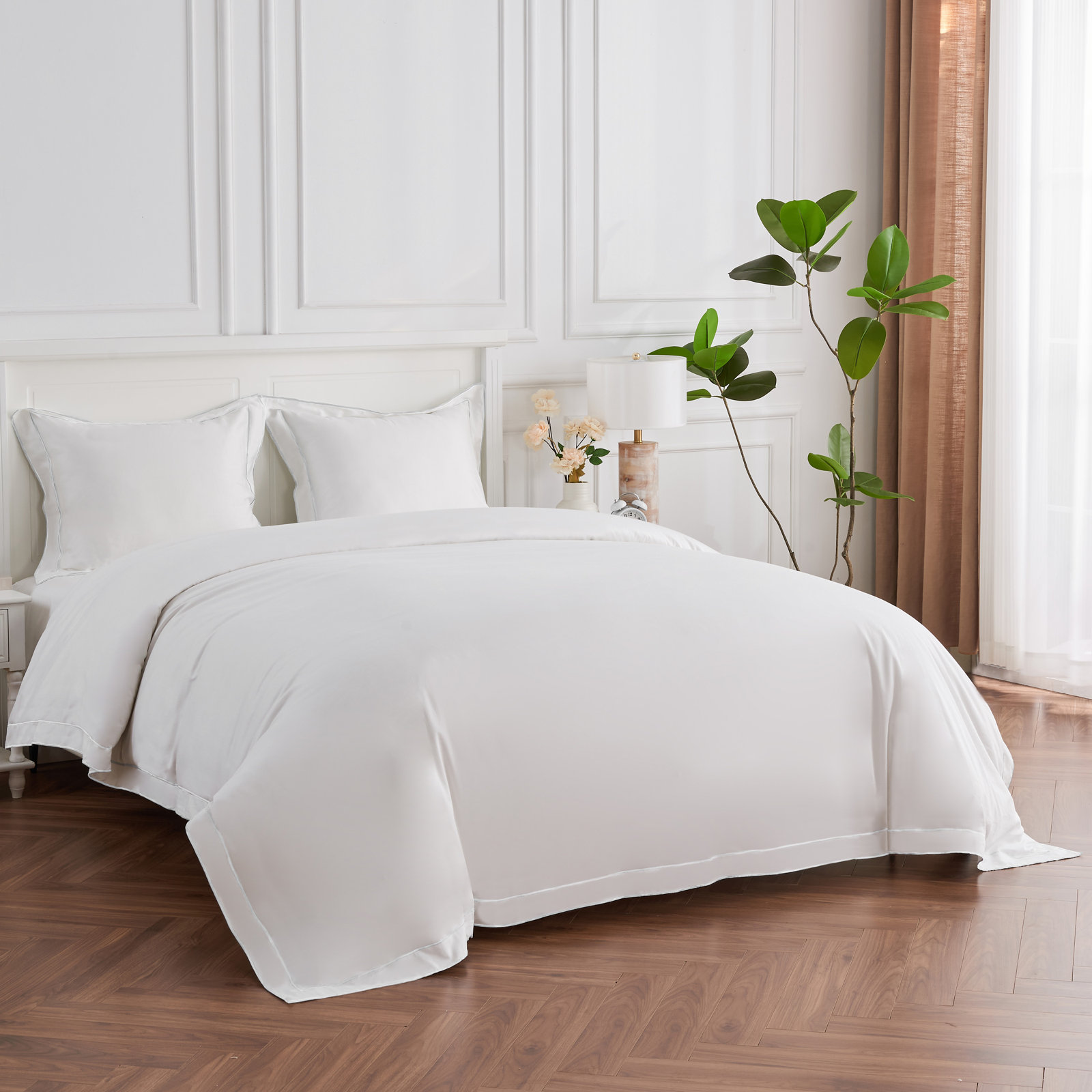 T600 FRAMED SATEEN DUVET SET, White, Queen Duvet Cover + 2 Standard Shams