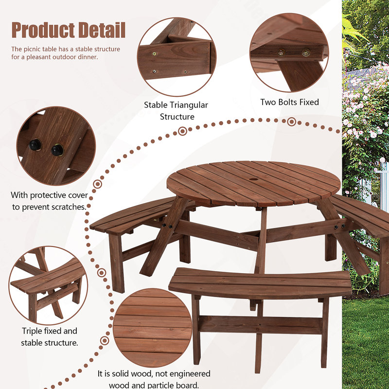 6-Person Circular Outdoor Wooden Picnic Table For Patio, Backyard, Garden, Built-In Benches, Brown