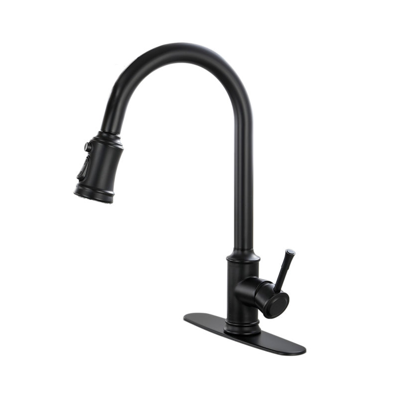 Robinet de cuisine rétractable à poignée simple avec accessoires, Noir mat