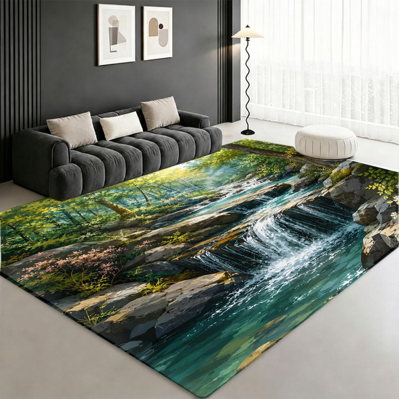 Tapis de paysage de forêt vibrante Serene Waterfall Forest, Rectangle 8 pi 2 po x 5 pi 11 po (250 x 180 cm)
