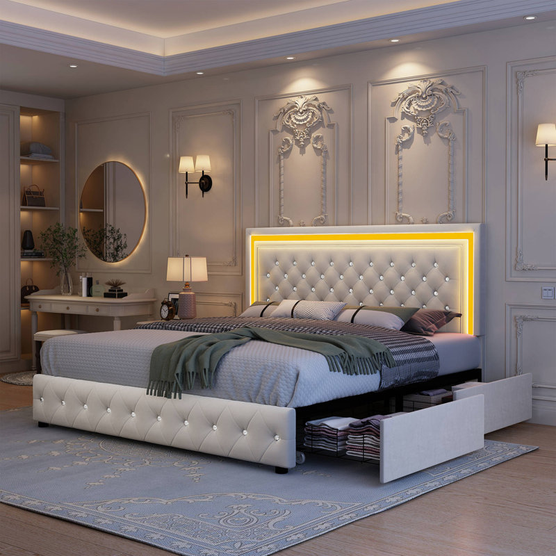 Jalna LED Lighted Upholstered Bed Frame with Bluetooth Sync Lights, Adjustable Headboard & 4 Storage Drawers, No Box Spring Needed, Easy Assembly,