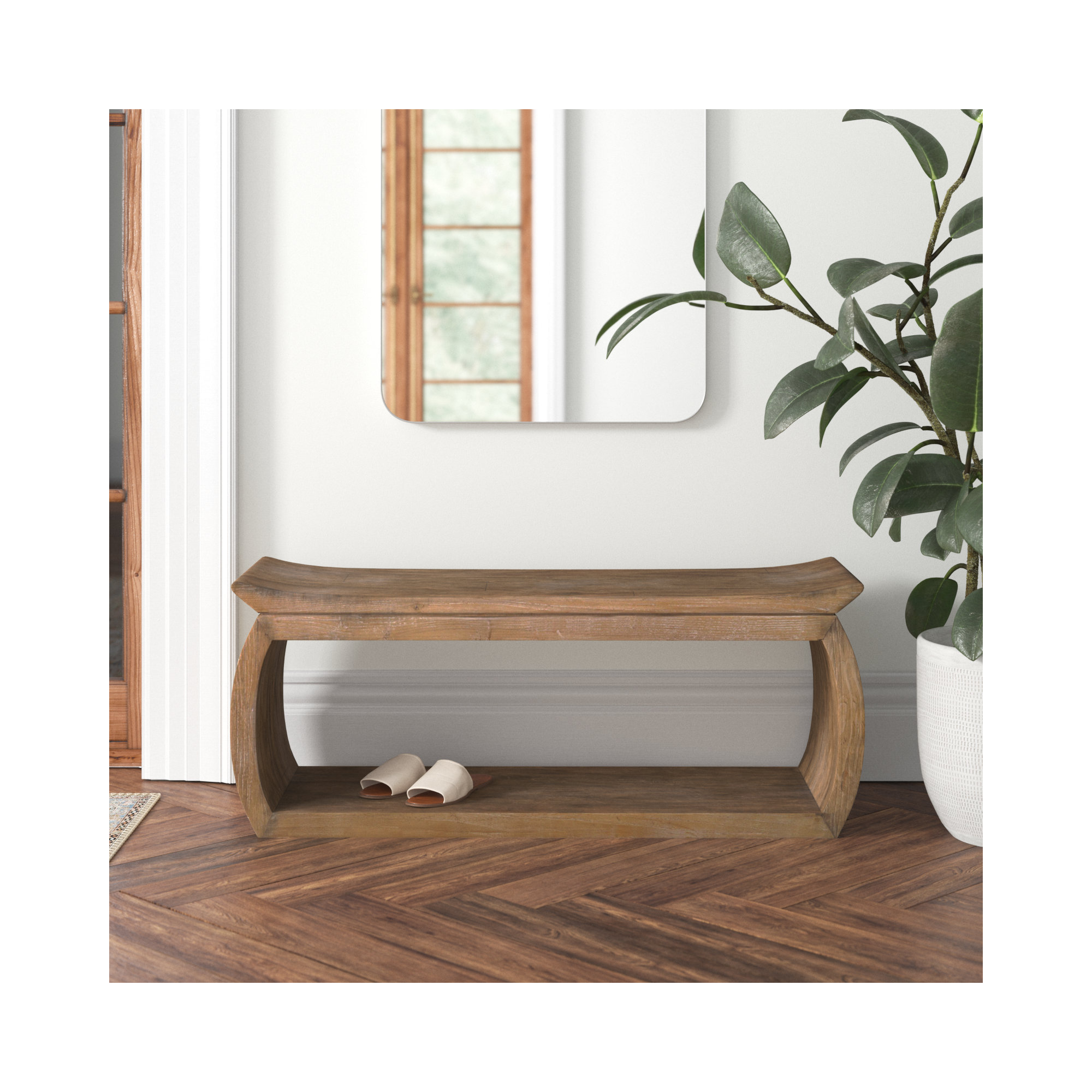 Lera Solid Wood Accent Stool with Scooped Seat , 17" H x 42" W x 14" D