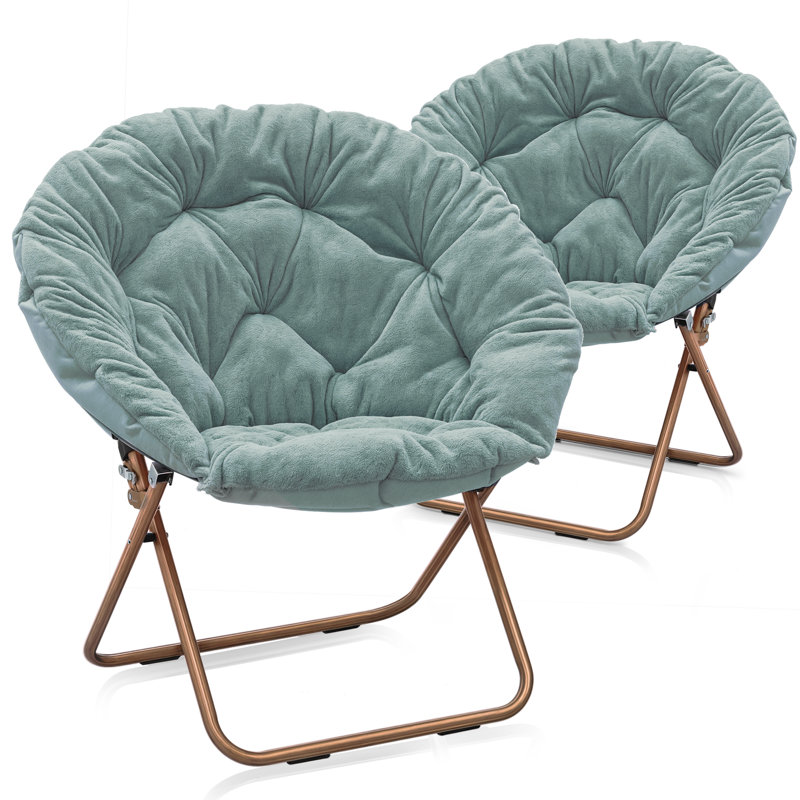 Upholstered Round Saucer Chairs Lounge Chairs, Foldable Papasan Chairs Reading Chairs for Bedroom, Beige Synthetic Fur