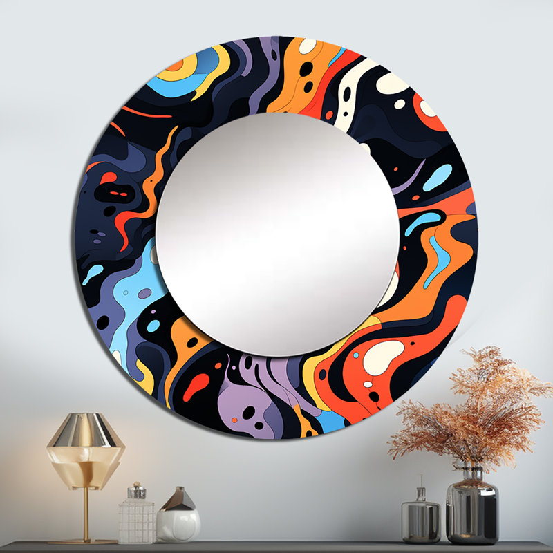 Roey Tribal Essence Paisley Feather - miroir unique abstrait, grand miroir mural bleu, impression d'art en métal, Rond