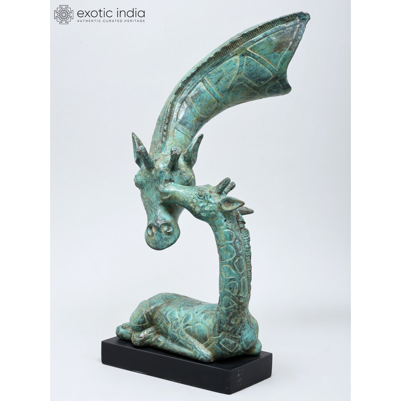  Sculpture laiton et mère girafe avec base en bois - Décoration intérieure