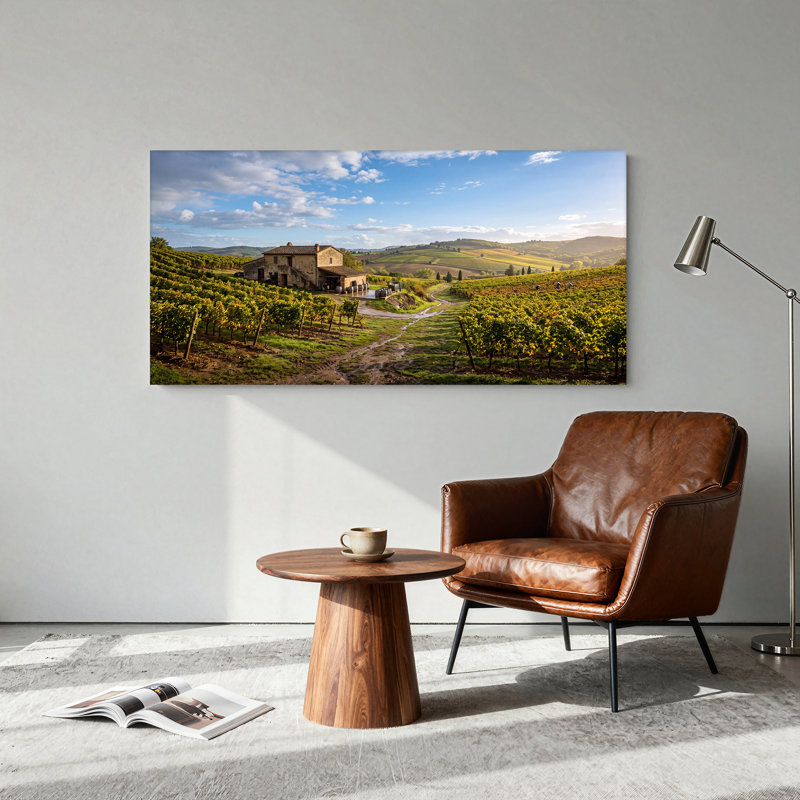 «Rustic Stone Farmhouse in Golden Vineyard Fields», art mural sur toile, L 58 po x H 28 po