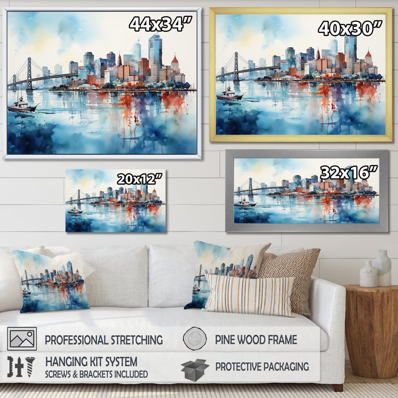 Golden Gate San Francisco Cityview, impression sur toile, H 30 po x l 40 po x P 1,5 po, Cadre flottant doré