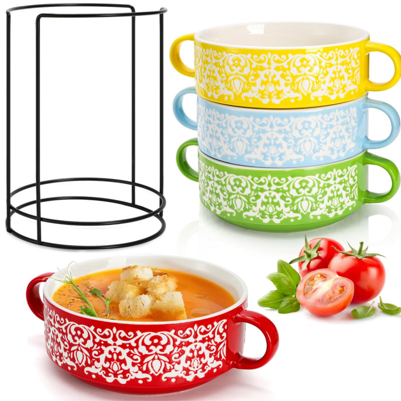 Ensemble de 4 bols à soupe en céramique avec poignées, bols à soupe d'oignons français multicolores 20 oz avec étagère, pot à soupe empilable
