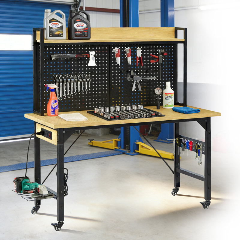 Banc de travail réglable, capacité de 1 600 lb, avec panneau perforé et prises AC / USB, banc de travail en bois robuste avec roulettes et tablette de rangement, pour garage atelier