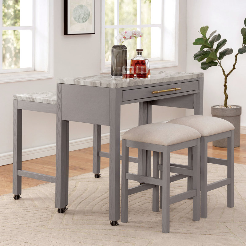 Table de salle à manger à hauteur de comptoir moderne en faux marbre avec tiroir, 2 tabourets, table de transition beige / blanc, gris feutré