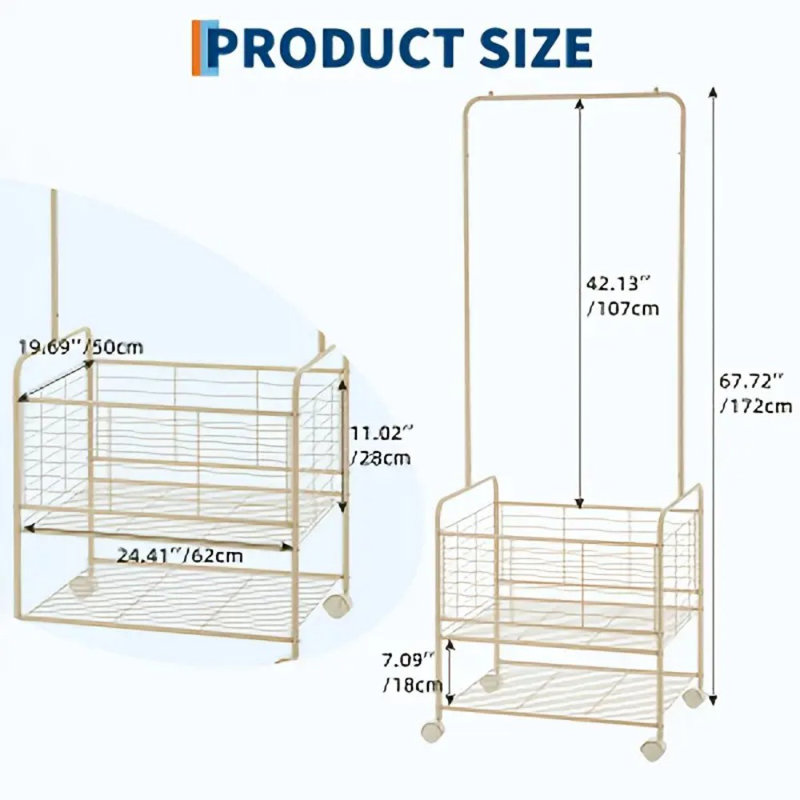 Chariot à linge roulant en métal avec support suspendu, panier de rangement et tablette - Panier à linge mobile robuste avec cadre blanc et conception beige, organisateur peu encombrant avec tablette inférieure et rangement suspendu, aucun assemblage requis pour la chambre à coucher, la salle de bain, la salle de lavage