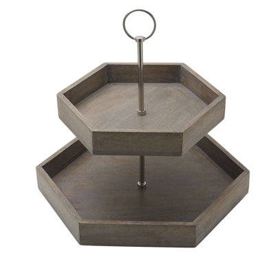 Plateau de service en bois de manguier à 2 niveaux Gourmet Basics par Mikasa Hexagon, gris