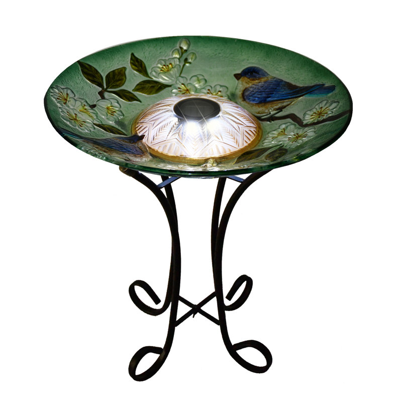 Bain d'oiseaux solaire en verre à DEL avec support - Oiseau bleu et fleur de pêcher