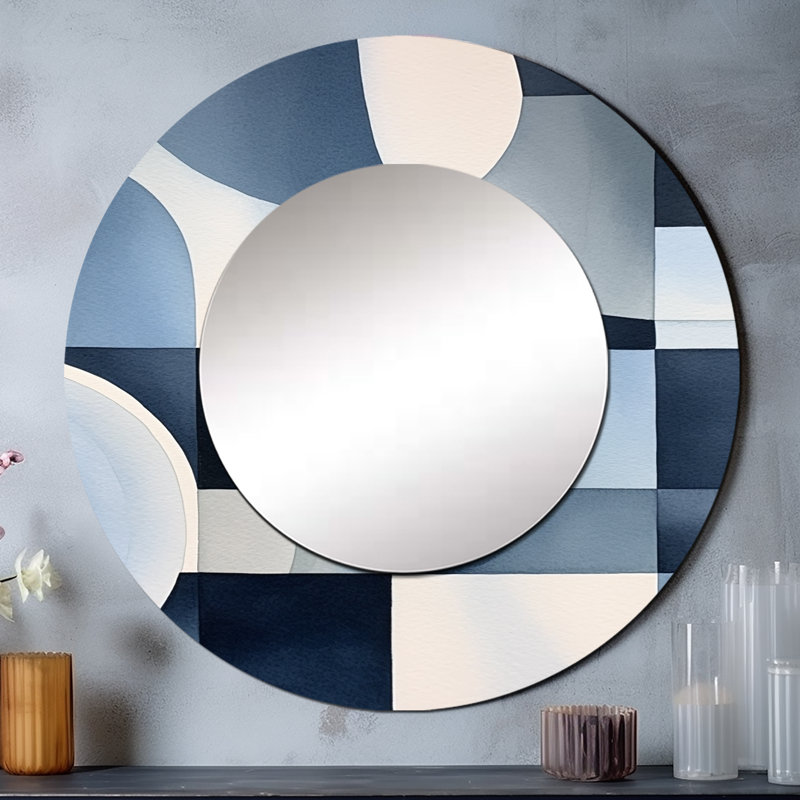 Essence de simplicité III - miroir mural grand minimalisme, miroir rond bleu unique, impression d'art en métal, 29 po x 29 po