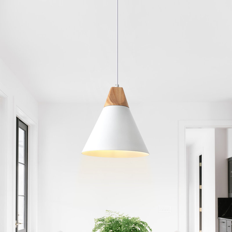Hinsinger 1-Light 9.4“ Wide Single Cone Kitchen Island Pendant Light with Wood Accents, Gold