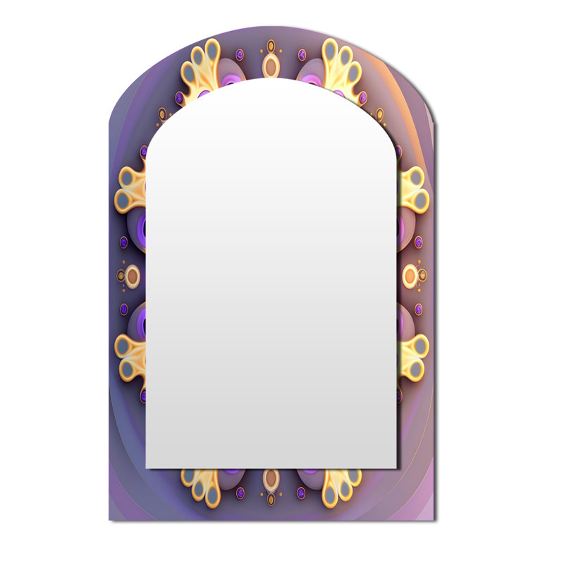 Ethereal Fractal Mandal In Purple And Yellow - Boho Mandala Asymmetrical Large Wall Mirror, Traditional Arch Unique Mirror, Printed Metal Art