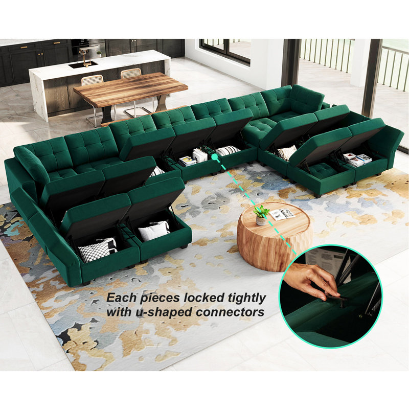 Soneson Velvet Sectional Reversible, Dark Green Velvet