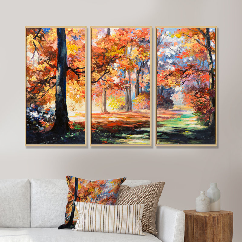 «Fall Trail In Forest», ensemble d'art mural sur toile encadré paysage, H 28 po x l 36 po x P 1 po, Brun