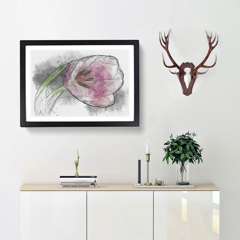 Pink Tulip Sketch - Picture Frame Graphic Art Print, Black Framed, 62cm H x 87cm W x 2cm D
