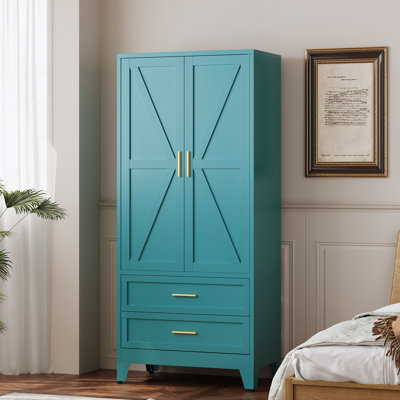 Metal Wardrobe Cabinet For Bedroom, 71" Tall Freestanding Closet System With Drawer And Shelf, Hanging Rod Clothing Organizer With Two Doors, Farmhous by Gracie Oaks