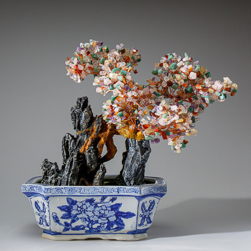 Genuine Multi Gemstone Bonsai Tree in Square Porcelain Pot (13")