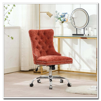 Fauteuil de bureau chenille capitonné à boutons avec base en métal chromé, chaise de bureau pivotante réglable