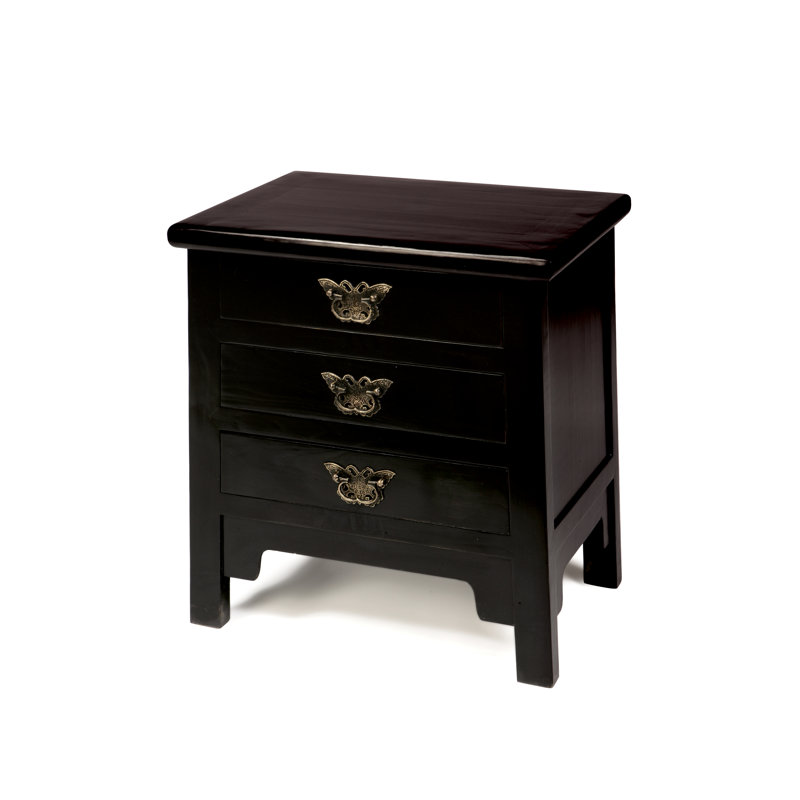 Hangzhou 54.5cm W Solid Wood Bedside Table, Black Lacquer