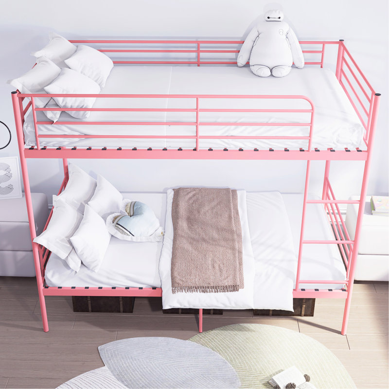 Lit superposé avec échelle et garde-corps haut, capable de se diviser, lit superposé en métal, espace de rangement, silencieux, taille simple sur simple, rose