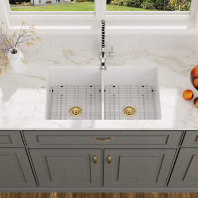 32 Inch White Fireclay 50/50 Double Bowl Kitchen Sink Undermount & Topmount Dual Mount Ceramic Sink