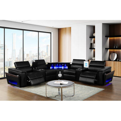 Nova Modern Style Sectional With  2 Consoles , Wedge With Bluetooth Speaker, LED And Lifting Wine Cabinet