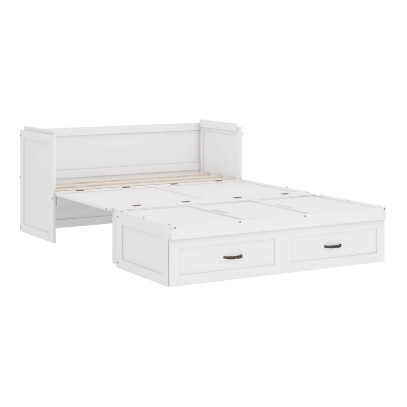 Lit escamotable avec ports USB, tiroirs et poignées en métal, Blanc, Grand lit