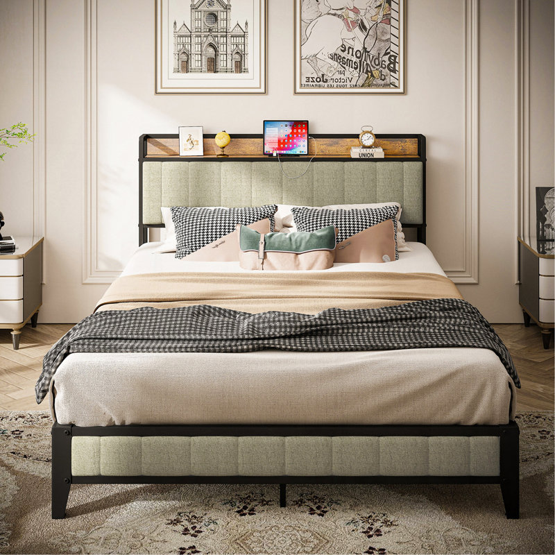 Full Size Bed Frame With Charging Station, Upholstered Headboard, Metal Platform, Grey, Full , Light Grey