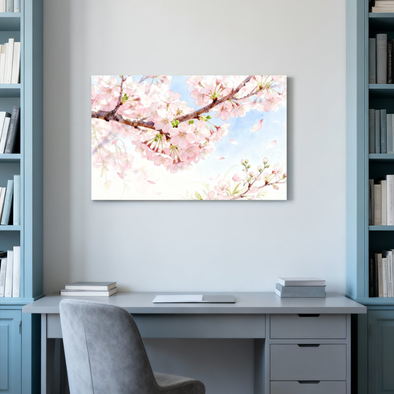 Ensemble de 1 tableau mural aquarelle florale de fleurs de cerisier, H 12 po x l 18 po