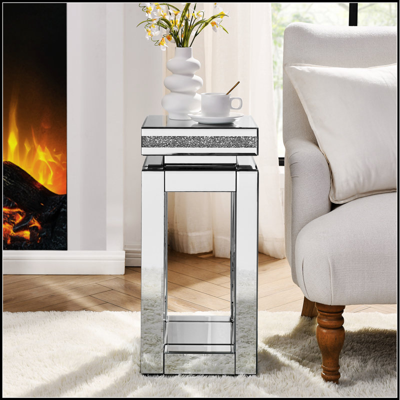 Table de bout en miroir avec incrustation de cristaux, petit canapé moderne à 2 niveaux avec rangement, décor argenté pour le salon et la chambre à coucher