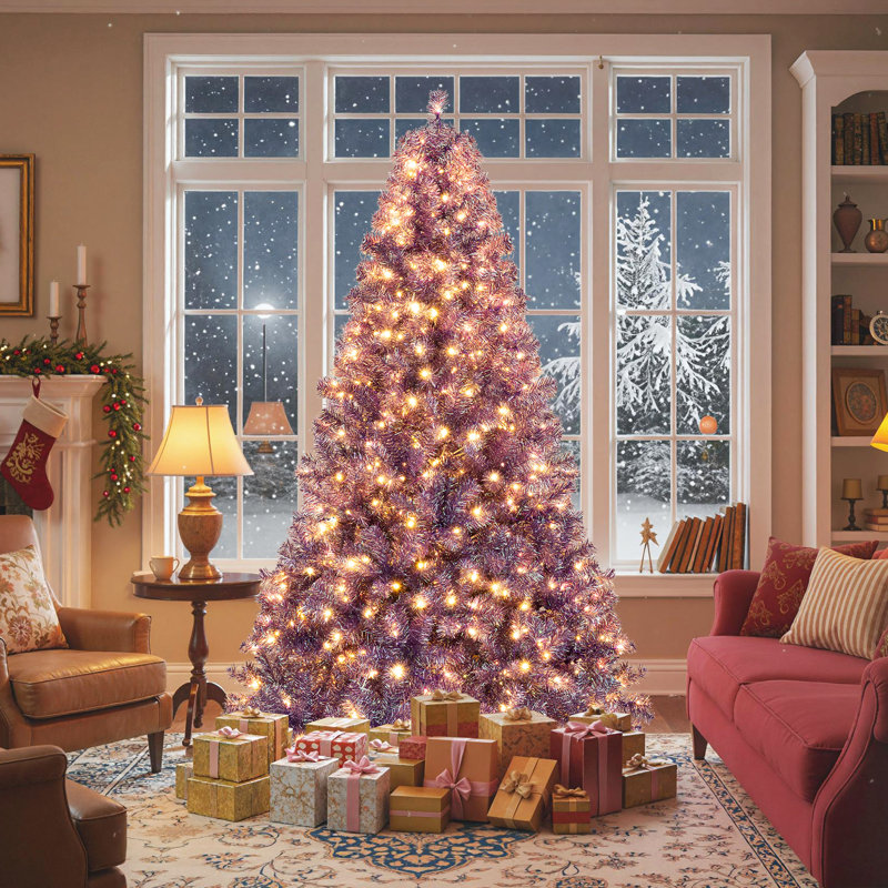 Arbre de Noël artificiel 7,5 pi avec 550 lumières, 8 modes, 1300 branches, mauve foncé 7,5 pi, Mauve, H 7,5 pi