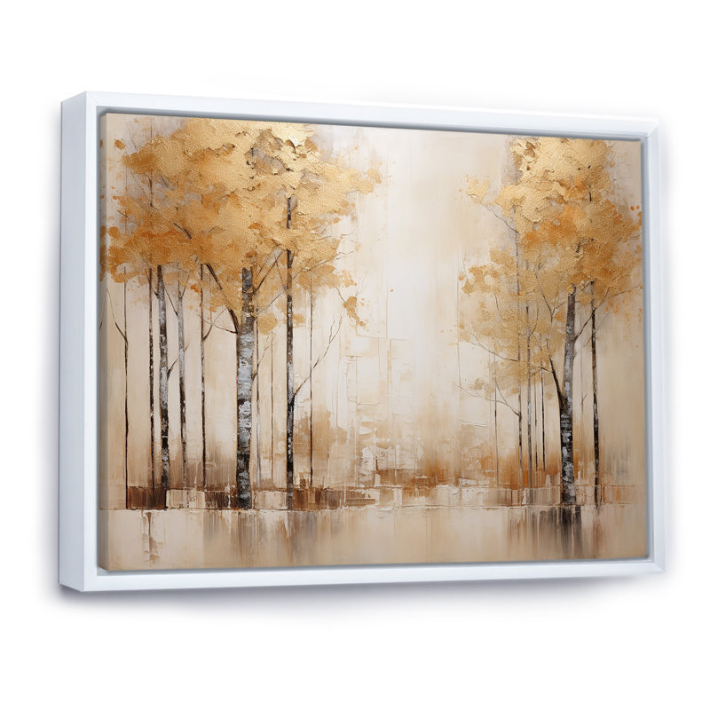 Minimalisme beige et forêt dorée sur toile, Cadre flottant blanc, H 16 po x l 32 po