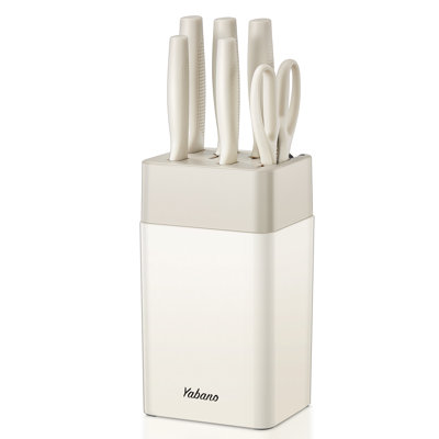 Yabano 7 Piece Cream Kitchen Knife Set with Plastic Knife Block and Built-In Sharpener