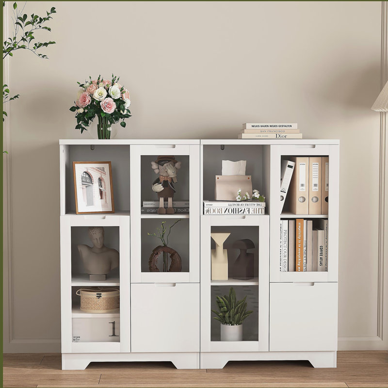 Armoire peinte en panneau de fibres à densité moyenne avec portes et tiroir en verre, espace de rangement ouvert, Blanc