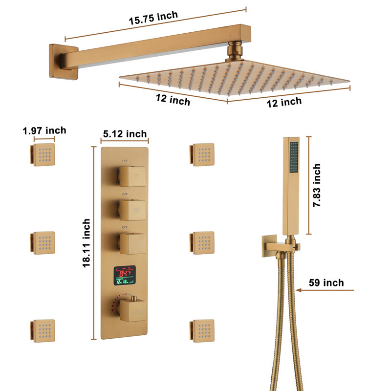 Brushed Gold Multi-head Wall Mounted Rain Shower System