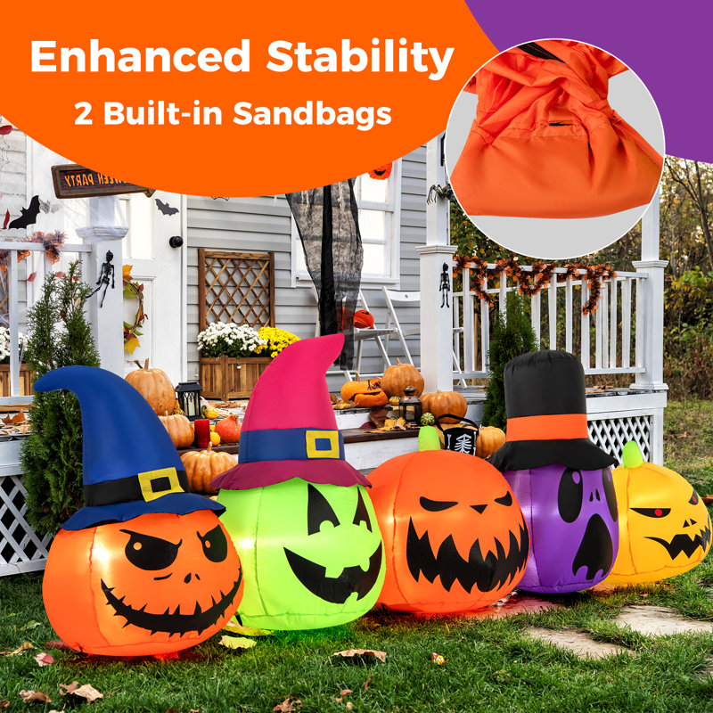 9 Ft Inflatable Multicolor Pumpkin Patch Family with LED Lights and Witch Hats