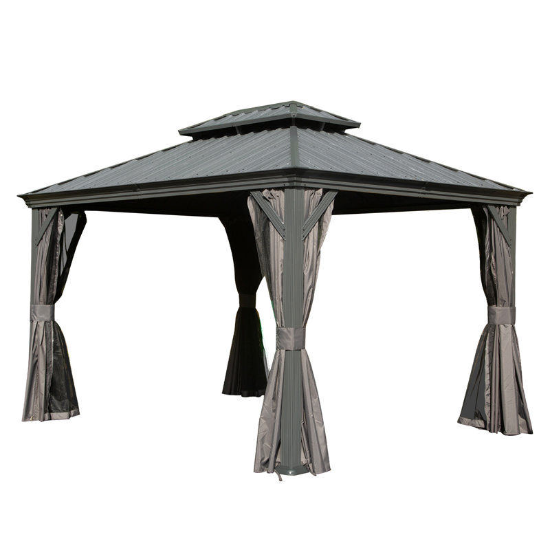 10' X 12' Hardtop Gazebo, Upgraded Metal Gazebo With Drainage System, Dual-Layer Galvanized Steel Roof, Curtain And Netting, Outdoor Shelter Canopy For Patio, Garden, And Backyard, Grey