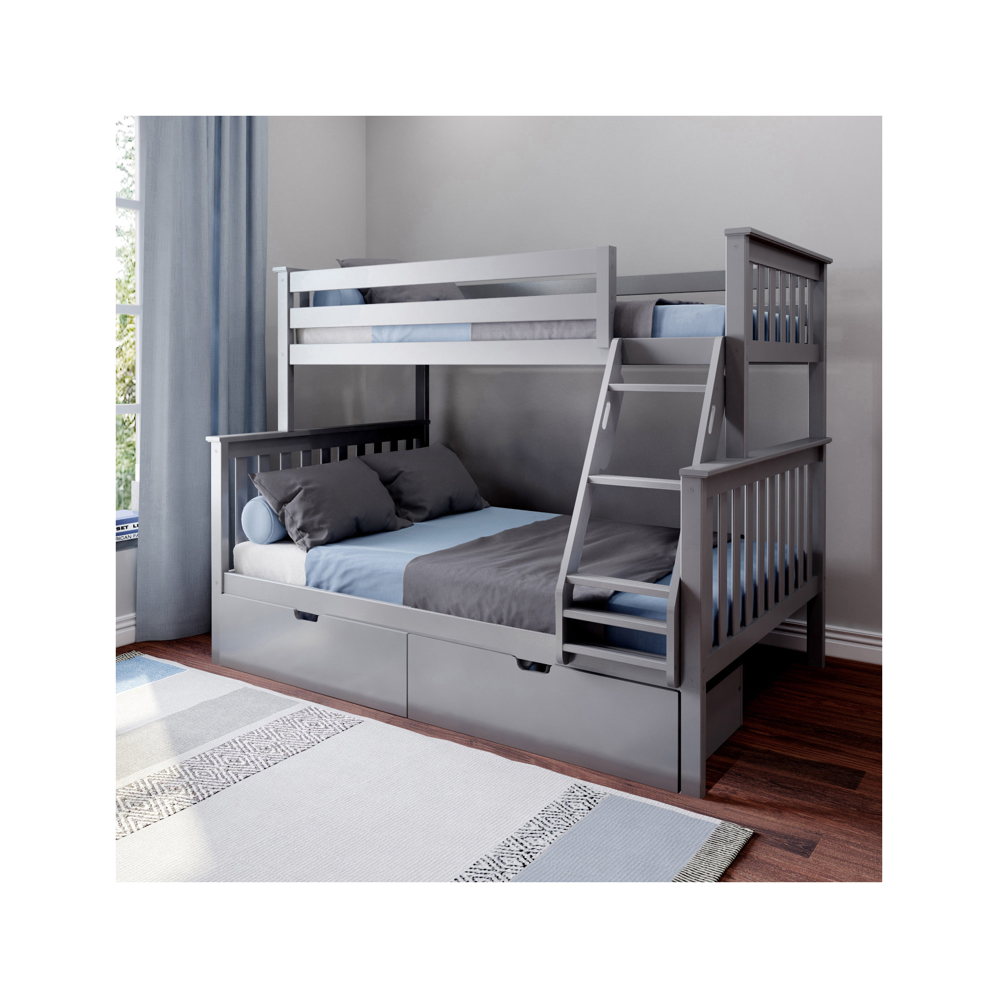 Bolles Kids Bunk Bed with Drawers, Gray, Twin over Full
