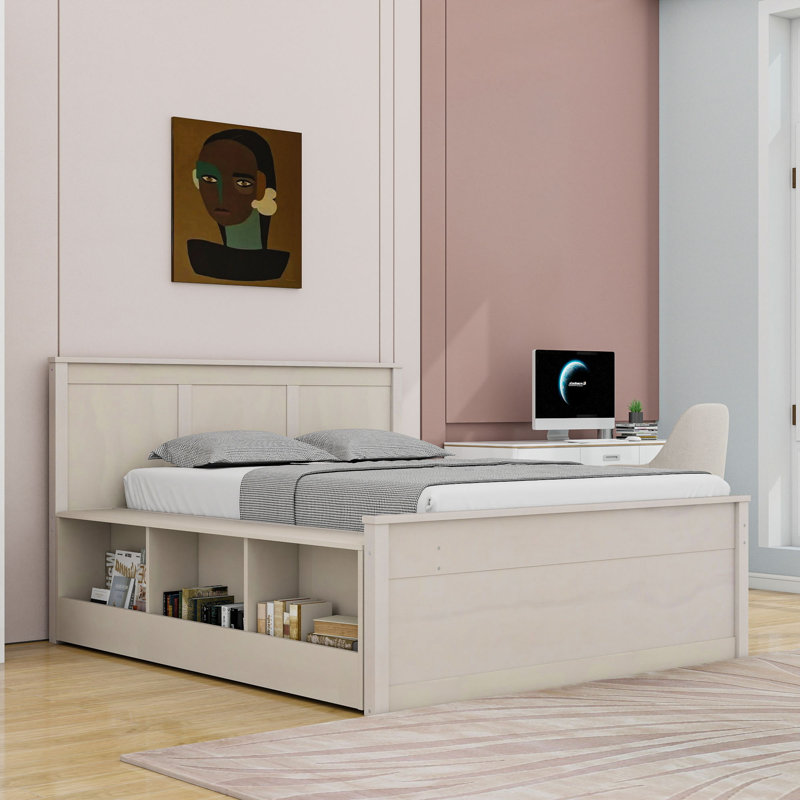 Lit plateforme en bois avec lit gigogne et tablettes de rangement, Lit double, Blanc, crème